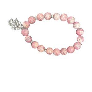 Rhodochrosite beaded stretch bracelet with Hamsa Charm